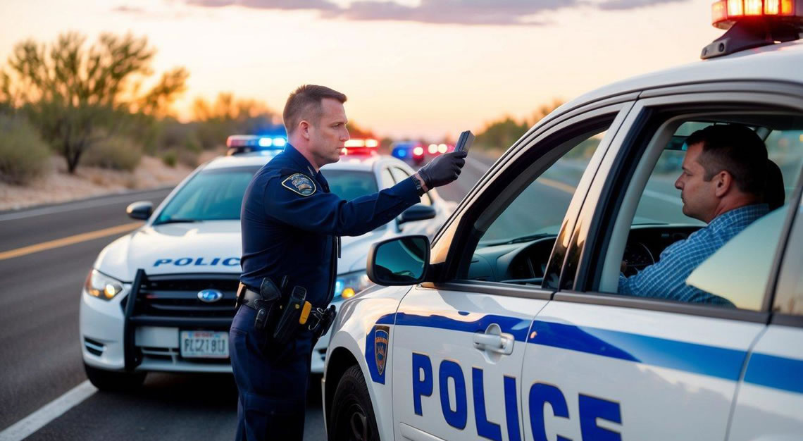 A car pulled over by police, with a drug DUI suspect undergoing a field sobriety test on the side of the road in Arizona