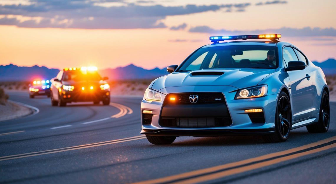 A car swerving on a desert road, with police lights flashing behind it