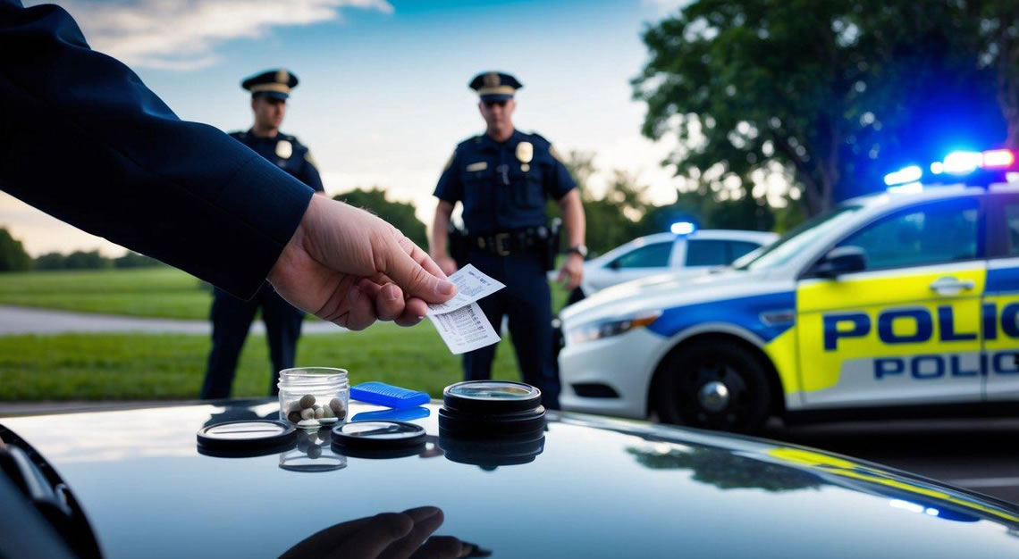 A car pulled over by police with drug paraphernalia and a field sobriety test