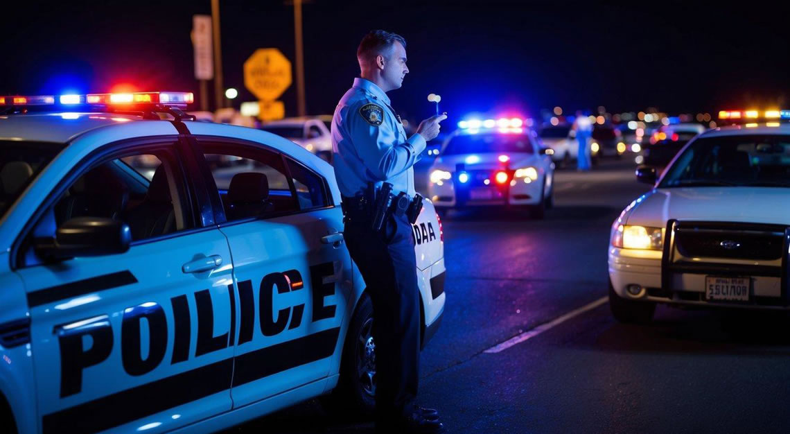 A car pulled over by police at night in Arizona, with a drug DUI suspect undergoing a field sobriety test