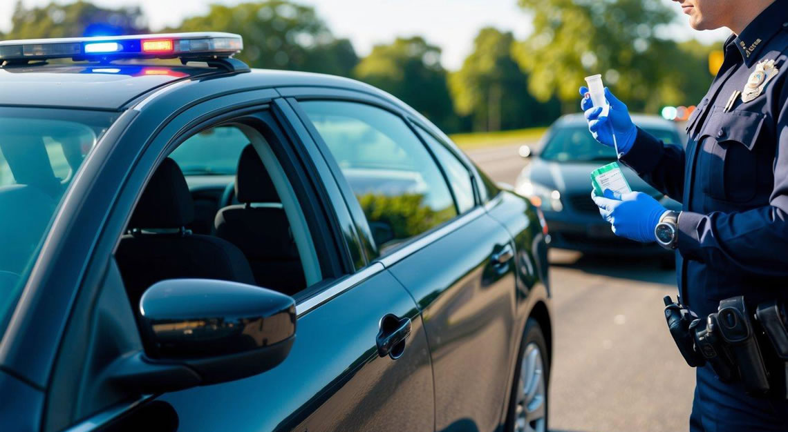 A car pulled over by police, with a drug test being administered by an officer using a breathalyzer or blood test kit